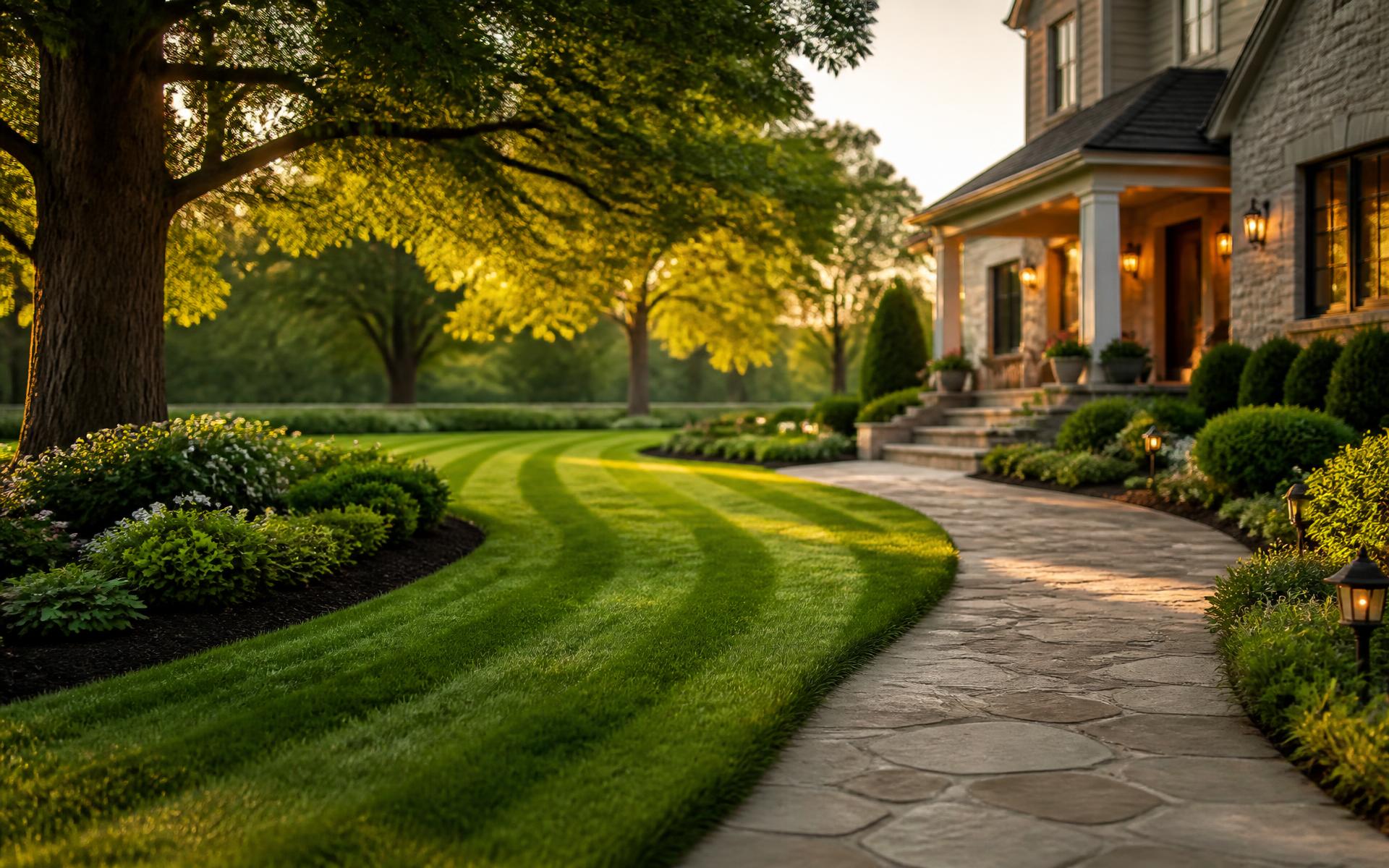 Manicured lawn with striped mowing lines, layered garden beds and a stone walkway at golden hour